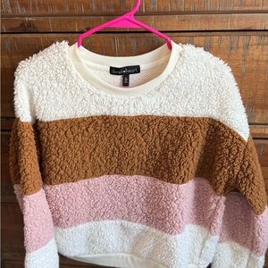 Derek Heart Cream, Brown & Pink Fleece Stripe Crewneck Sweater